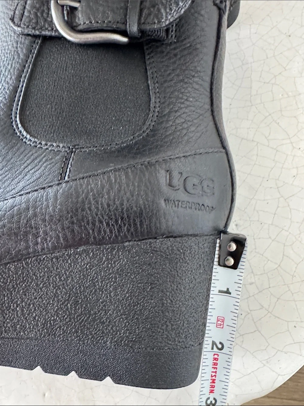 UGG ARLETA Black Leather Waterproof Wedge Chelsea Booties with Buckle Size 8.5